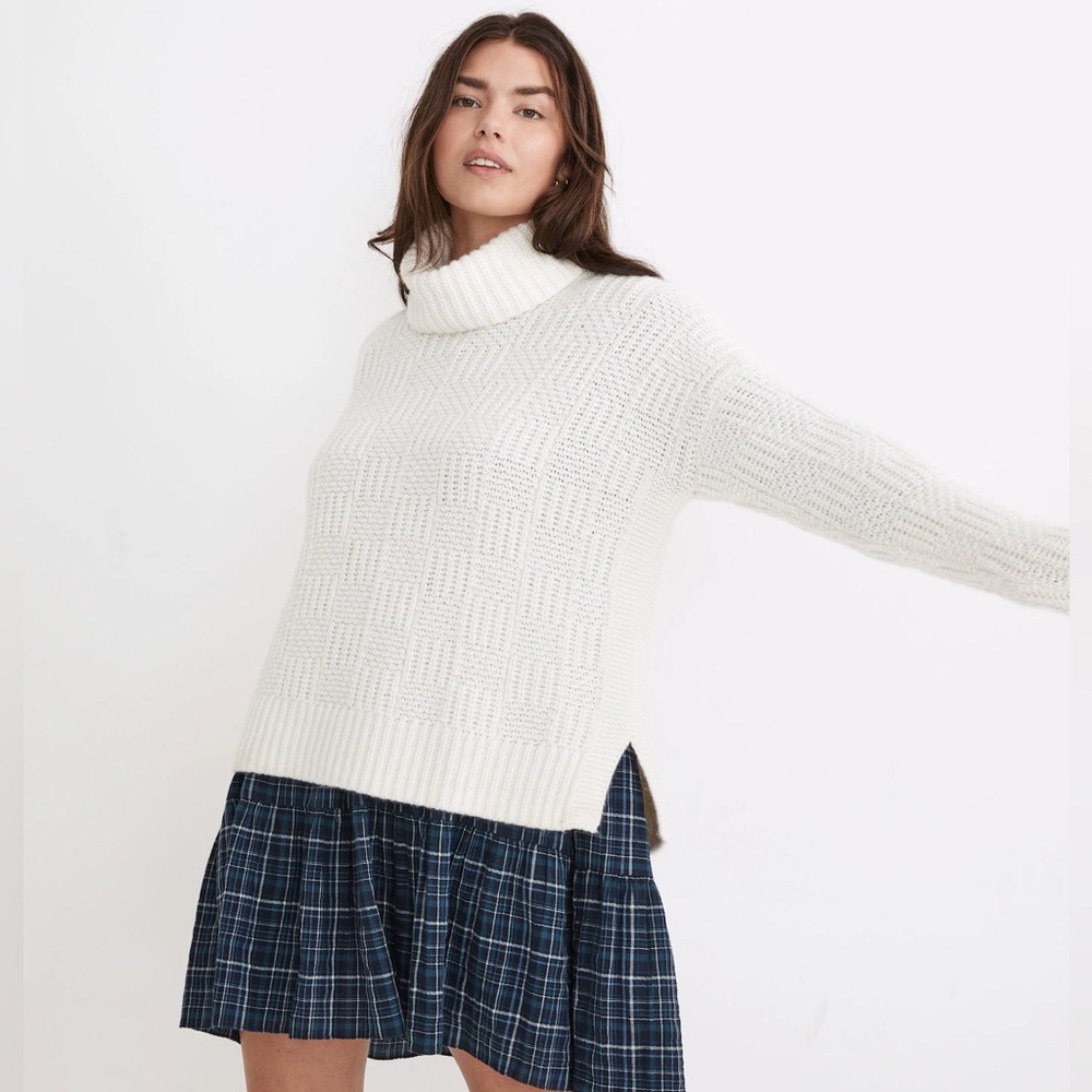 Madewell Checkered Turtleneck Wool Alpaca Oversized Sweater Cream Ivory Size XS
